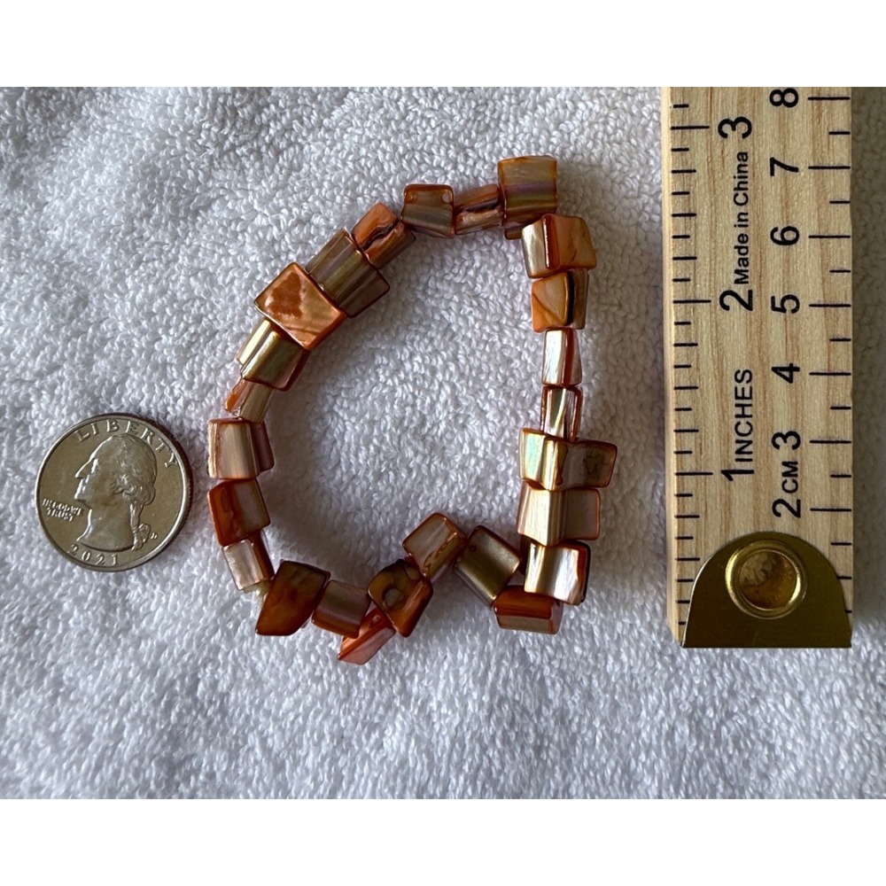 Vintage Cognac Orange Iridescent Shell Stretch Bracelet Square Bead Boho Coastal - Picture 6 of 9